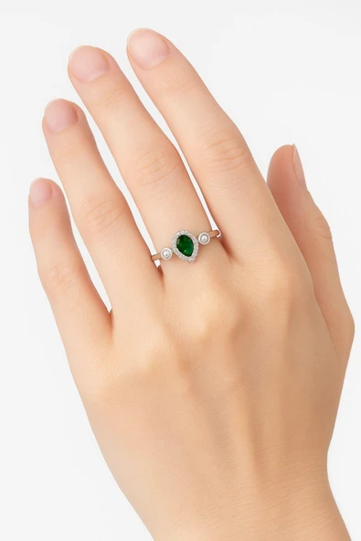 Minera Serisi Zirkon Yeşim Taşlı Damla Gümüş Kadın Yüzük - 3