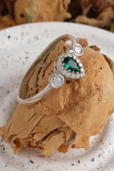 Minera Serisi Zirkon Yeşim Taşlı Damla Gümüş Kadın Yüzük - 4