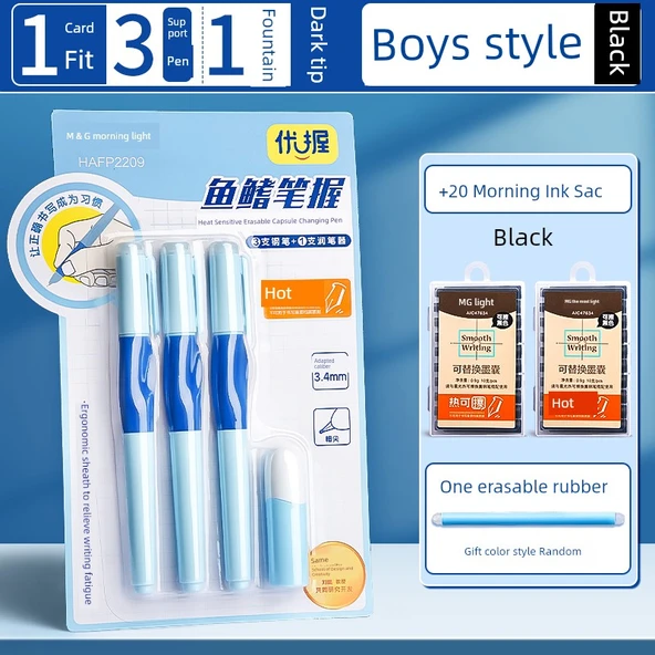 Silinebilir Dolma Kalem Seti - Erkekler 3 Kalem + 20 Siyah Mürekkep Torbası + Kalem Nemlendirici + Silgi