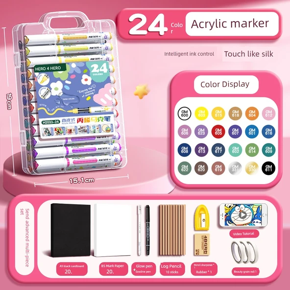 Akrilik Marker Kalem Seti - Yumuşak Uç - 24 Renk - Akıllı Mürekkep Kontrolü - Mürekkep Miktarını Artırma (53 Parça Set)