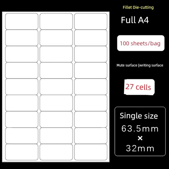 A4 Yapışkan Etiket Baskı Sticker Mat Kağıt - 27 Hücre