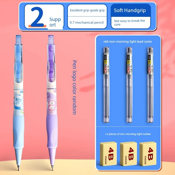Kedi Temalı Otomatik Kurşun Kalem - 0.7mm - 3 Kurşun + 3 Silgi - 2 Adet