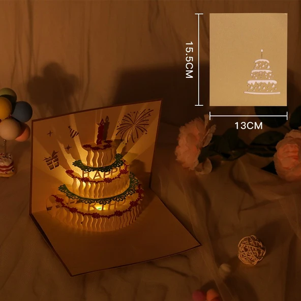 3D Pop Up Doğum Günü Kartı - Altın Mum Pastası + Müzik + Işık