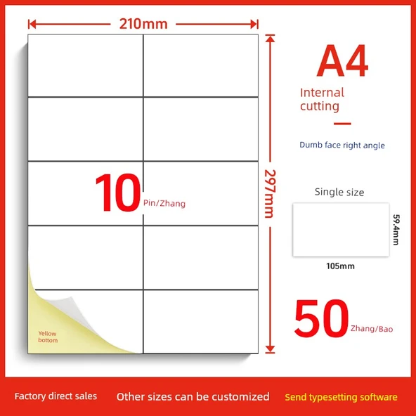 A4 Yapışkan Etiket 10 Kesim - 59.4x105mm - Sarı Alt - 50 Sayfa