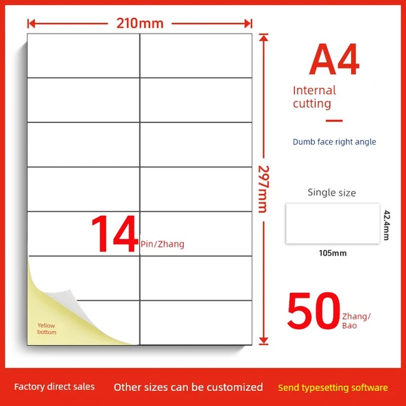 A4 Yapışkan Etiket 14 İç Kesim - 42.4x105mm - Sarı Alt - 50 Sayfa