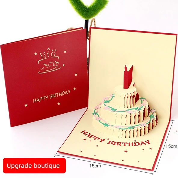 3D Pop Up Doğum Günü Kartı - Renkli Pasta Kırmızı