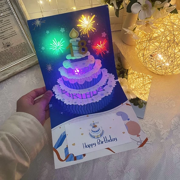 3D Pop Up Doğum Günü Kartı - Mum Üfleme ve Havai Fişek Patlatma Dileği