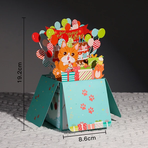 3D Pop Up Doğum Günü Kartı - Kedi Stereo Kutusu