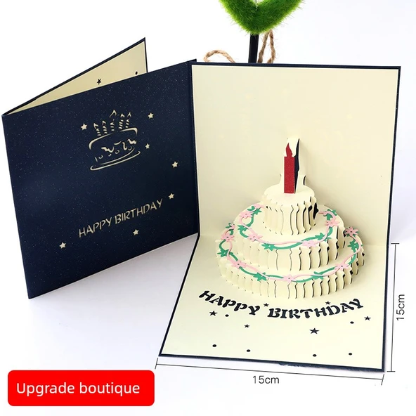 3D Pop Up Doğum Günü Kartı - Renkli Pasta Mavi