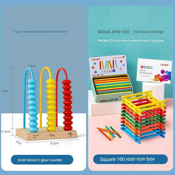 İlkokul Matematik Sayma Çubukları Abaküs - 3 Set Masif Ahşap 3 Dişli Sayıcı + 100 Kare Çubuk [Demir Kutu 115mm] + Formül Tablosu