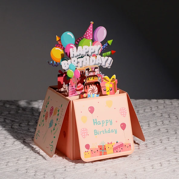 3D Pop Up Doğum Günü Kartı - Renkli Pasta Kırmızı - 2