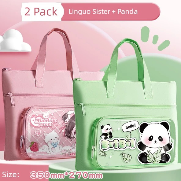 Taşınabilir Kanvas El Çantası - Meow Meyve Kız Kardeş + Panda 2 Paket