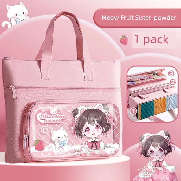 Taşınabilir Kanvas El Çantası - Sister Meow - Büyük Kapasite Üç Katmanlı