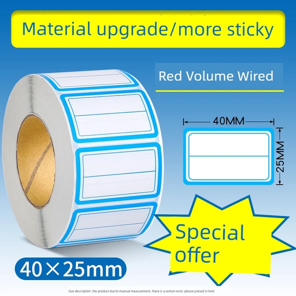 Yapışkan Yazı Kağıdı Rulosu 40x25mm - Mavi Çerçeve İki Satır 100 Sayfa
