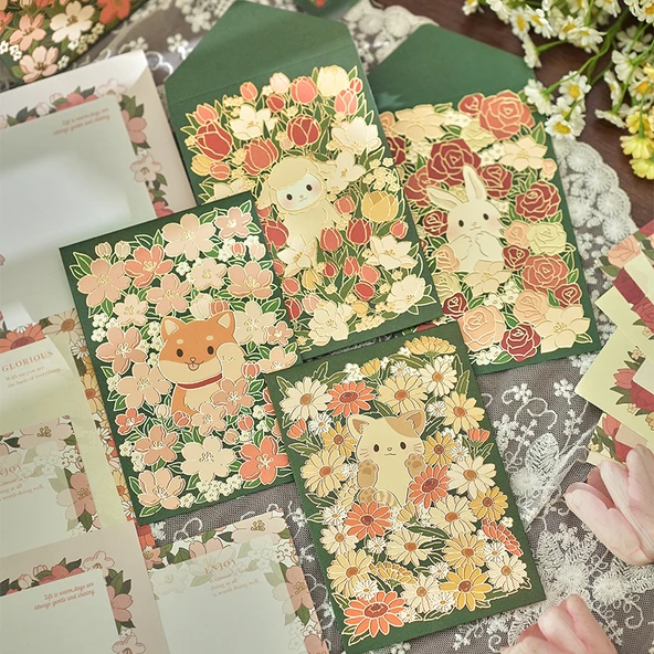 Aili Altın Zarf Yazı Kağıdı Seti - Bu Romantik 4 Parça Set