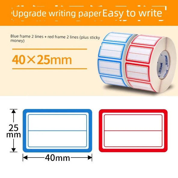 Yapışkan Yazı Kağıdı Rulosu 40x25mm - Kırmızı ve Mavi Çerçeve İki Satır 1000 Sayfa Her Biri