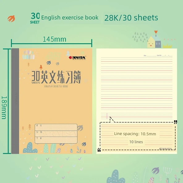 30 Sayfa İngilizce Defter 28K Seti - 5 Adet