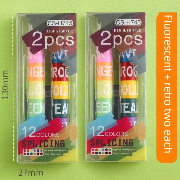 Patchwork Retro Yaratıcı Sevimli Flüoresan Kalem Seti - Retro 6 Renk Flüoresan - 2 Set