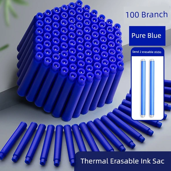 Silinebilir Mürekkep Kalem Yedekleri - Ming Ucu - Saf Mavi - 100 Paket + 2 Silinebilir Kalem - 3.4mm Kalibre