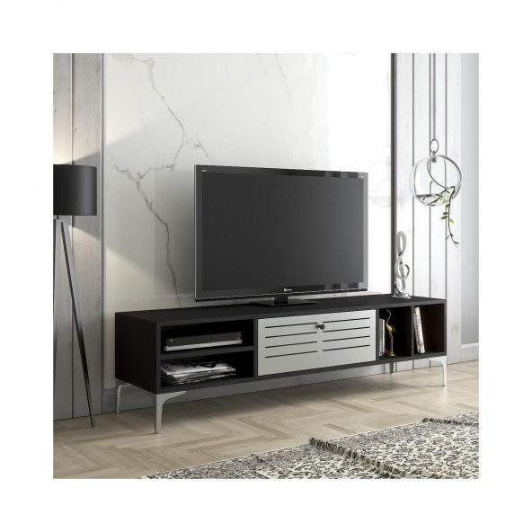 Woodn Love Era Premium Gümüş Altıgen Desen Metal Ayaklı Metal Kapaklı Dolaplı Tv Ünitesi - Wood Siyah / Gümüş