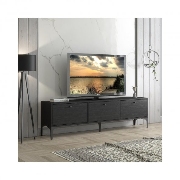 Woodn Love Etna Premium Metal Ayaklı Dolaplı 160 Cm Tv Ünitesi - Wood Siyah / Siyah