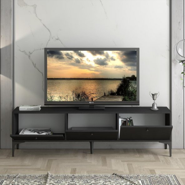 Woodn Love Etna Premium Metal Ayaklı Dolaplı 160 Cm Tv Ünitesi - Wood Siyah / Siyah - 5