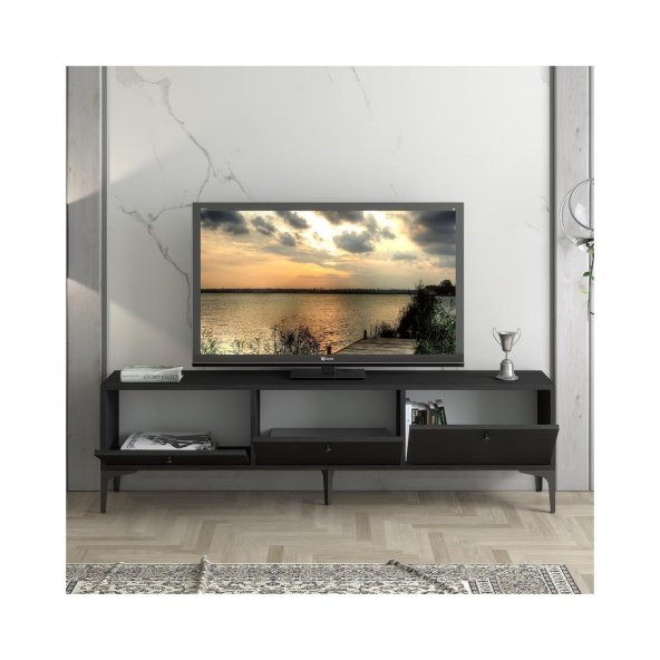 Woodn Love Etna Premium Metal Ayaklı Dolaplı 160 Cm Tv Ünitesi - Wood Siyah / Siyah - 9