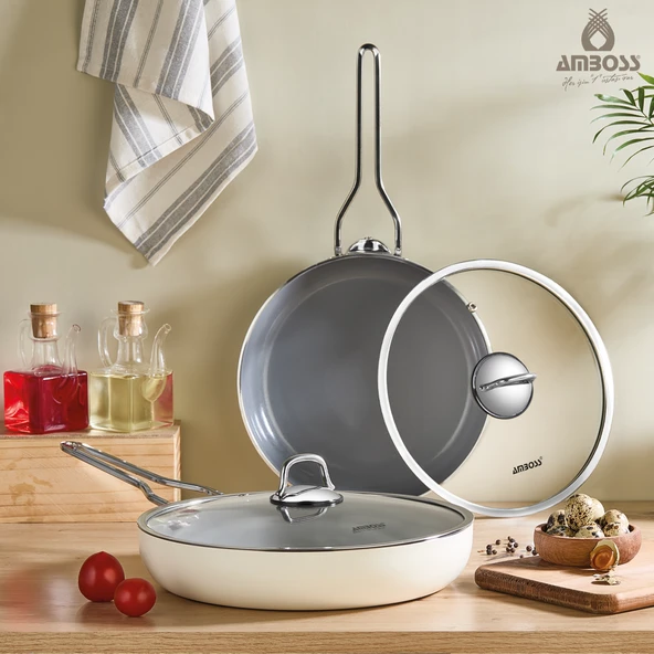 4 Parça Sera Nova Single Yanmaz Yapışmaz Seramik Cam Kapaklı Tava Seti Beyaz ürün görseli