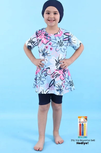 Kalp Desenli Lacivert Kız Çocuk Boneli Mayo Takımı ürün görseli