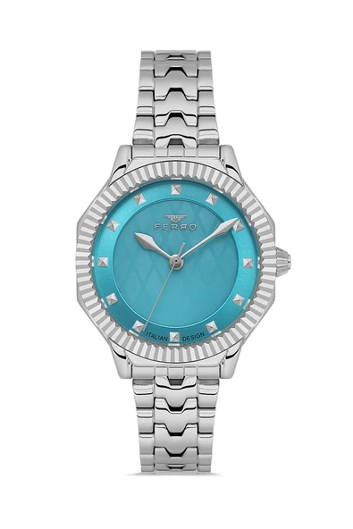 Ferro FL21632AWT-A15 Quartz Çelik Gri Turkuaz Kadran 32 mm Kadın Kol Saati