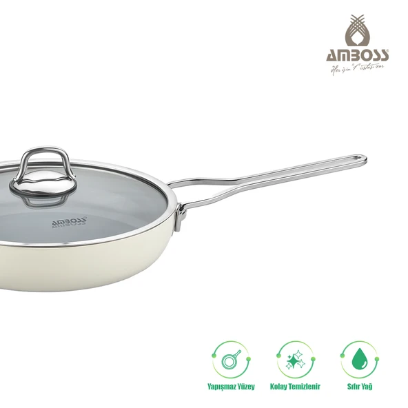 4 Parça Sera Nova Single Yanmaz Yapışmaz Seramik Cam Kapaklı Tava Seti Beyaz - Resim 3