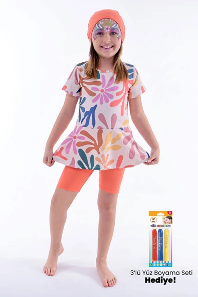 Kalp Desenli Turuncu Kız Çocuk Boneli Mayo Takımı ürün görseli