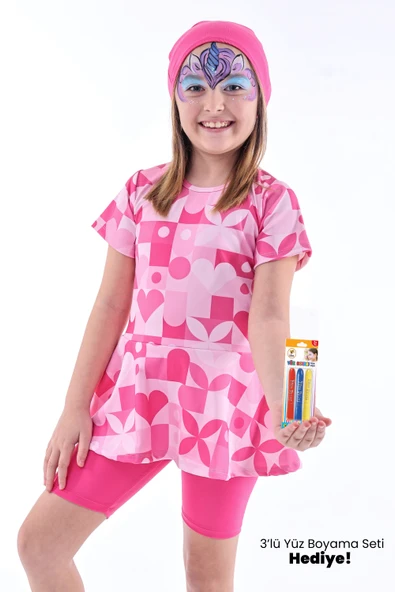 Kalp Desenli Pembe Kız Çocuk Boneli Mayo Takımı ürün görseli