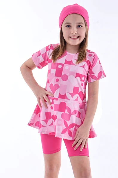 Kalp Desenli Pembe Kız Çocuk Boneli Mayo Takımı - Resim 4