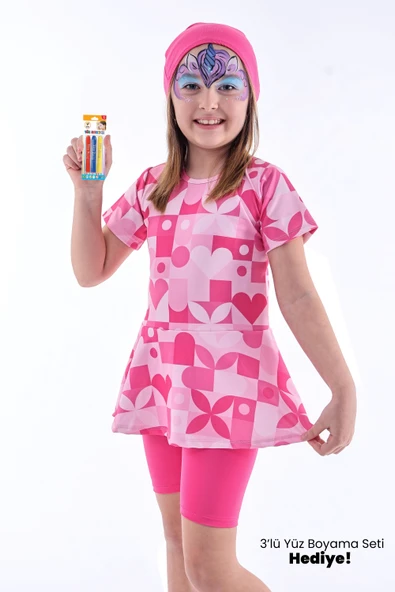 Kalp Desenli Pembe Kız Çocuk Boneli Mayo Takımı - Resim 2
