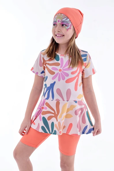 Kalp Desenli Turuncu Kız Çocuk Boneli Mayo Takımı - Resim 5