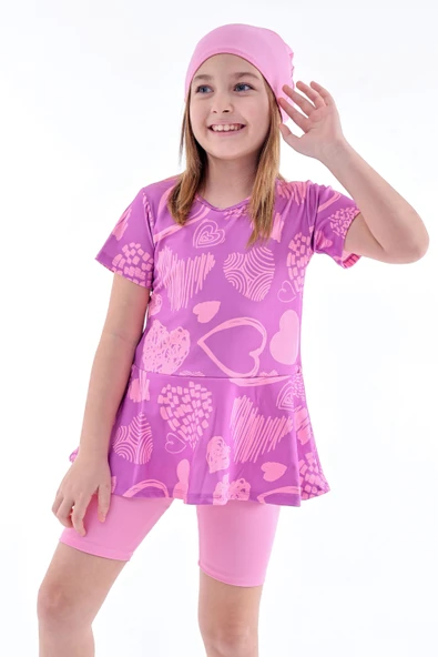 Kalp Desenli Mor Kız Çocuk Boneli Mayo Takımı - Resim 4