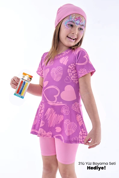 Kalp Desenli Mor Kız Çocuk Boneli Mayo Takımı ürün görseli