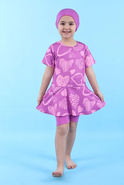 Kalp Desenli Mor Kız Çocuk Boneli Mayo Takımı - Resim 6