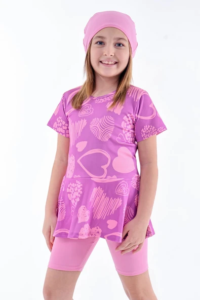 Kalp Desenli Mor Kız Çocuk Boneli Mayo Takımı - Resim 5