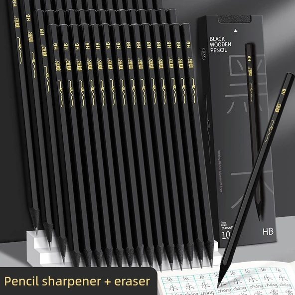 Siyah Ahşap Kurşun Kalem HB - Günlük Set 30 (Kalemtraş + 2B Silgi) - Resim 2