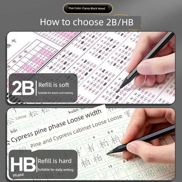 Siyah Ahşap Kurşun Kalem HB - Günlük Set 30 (Kalemtraş + 2B Silgi) - Resim 5