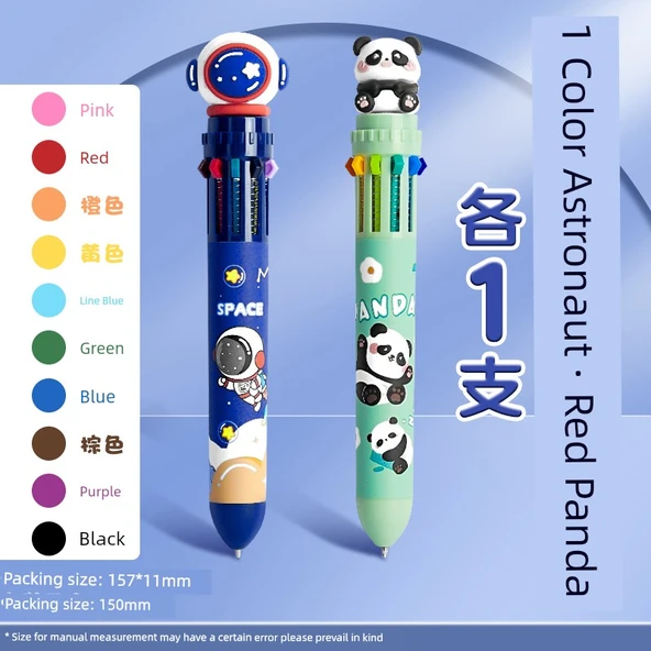10 Renkli Tükenmez Kalem - Astronot + Kırmızı Panda - Model 2