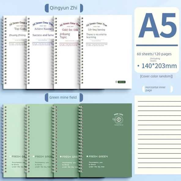 Deniz Tuzu Mavi Kot A5 Spiral Defter - Yeşil Vahşi Doğa + Qingyun Zhi - 4 Adet (A5/60 Sayfa/120 Sayfa)