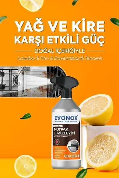 Evonox Clean Ultra Güçlü Mutfak Yüzey Temizleyici ve Yağ Sökücü Limon Kokulu Sprey 750 ml - 3