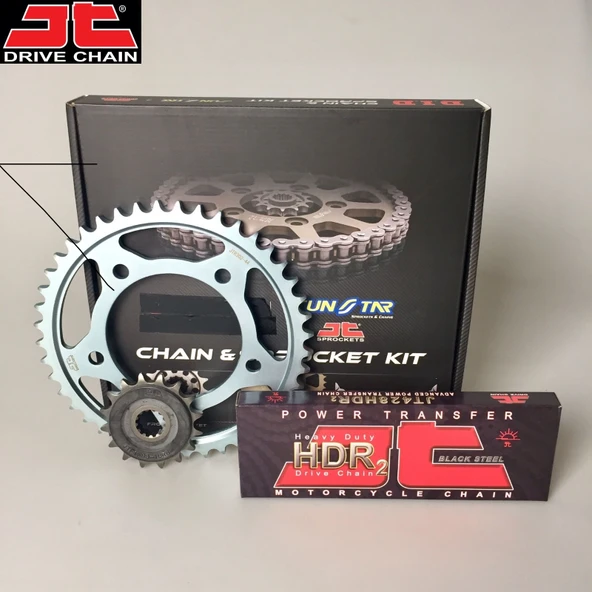 ZİNCİR DİŞLİ SETİ HONDA CBR 125 R (125 cc)  (2011-2017) / HONDA / CBR 125 R / 125cc / ZİNCİR: JT-428HDR (ÇELİK)-128 / ÖN-ARKA DİŞLİ: JT (15T-44T) / 2011-2012-2013-2014-2015-2016-2017 ürün görseli 1