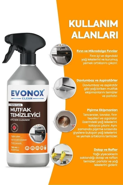Evonox Clean Ultra Güçlü Mutfak Yüzey Temizleyici ve Yağ Sökücü Limon Kokulu Sprey 750 ml - 4