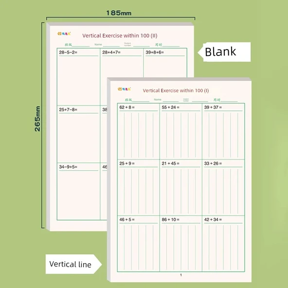 Matematik Kaligrafi Pratik Kağıdı - 100 İçinde Dikey Alıştırma - 2 Adet