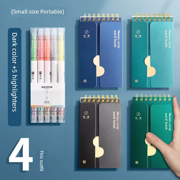 Küçük Taşınabilir Spiral Defter - Küçük Boy Koyu Renk 4'lü Paket + 5 Sarı Kalem