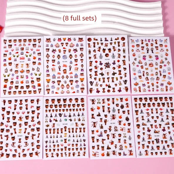 Çocuklar için Işıldayan 3D Çizgi Film Nezha Oje Çıkartmaları - 8 Tam Set